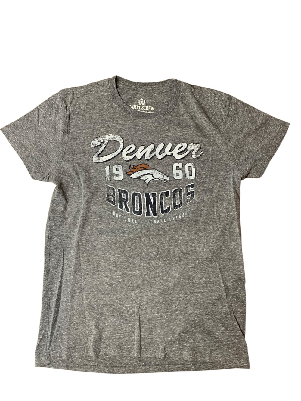 Campus Crew Denver Broncos Shirt S Heather Grey Distressed Graphic NFL Tee